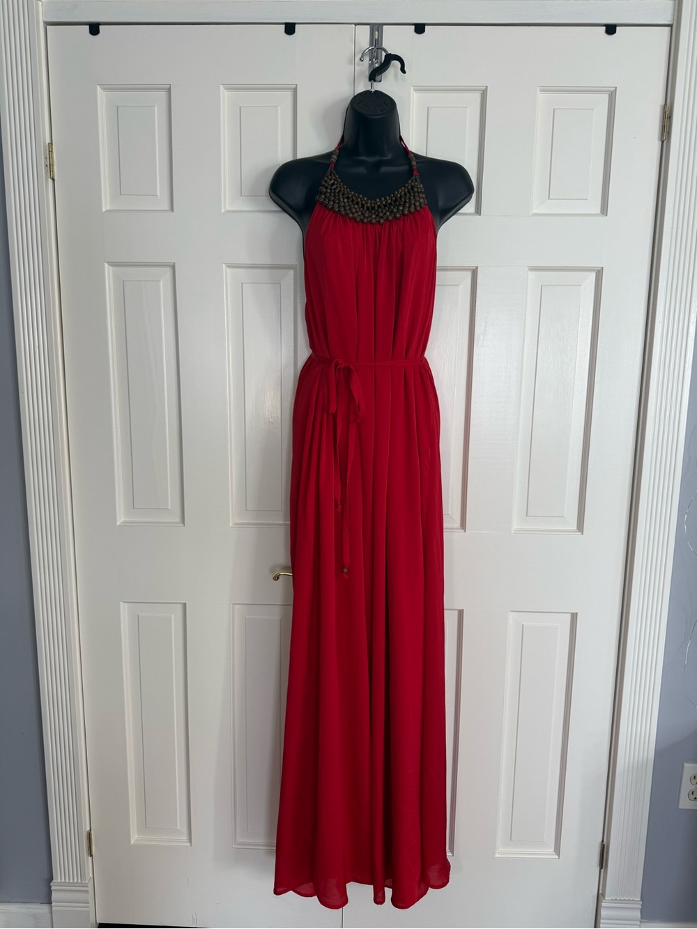 Vince Camuto Red Halter Maxi Dress with Beaded Neckline